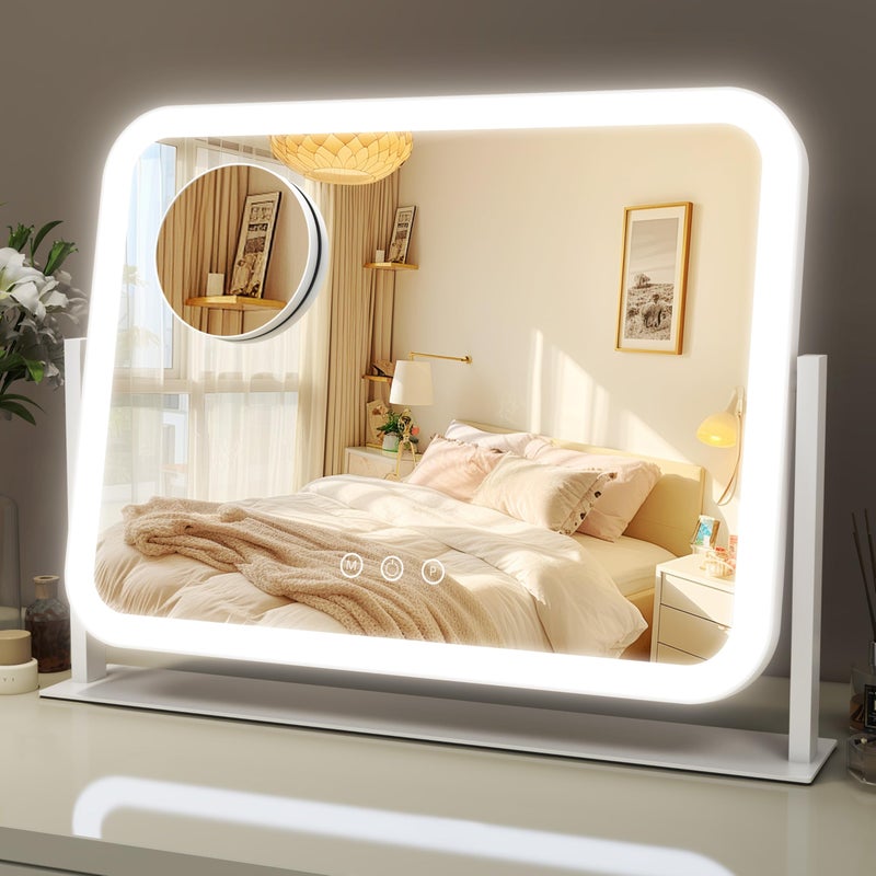 ROLOVE Lighted Makeup Mirror 17x13 Vanity Mirror with Lights and 10X Magnification 3 Color Lighting Modes Smart Touch Control 360 Rotation for Bedroom or Tabletop White